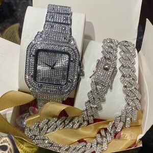 Silver Watch and Bracelet (watch) Set two pieces lab ice